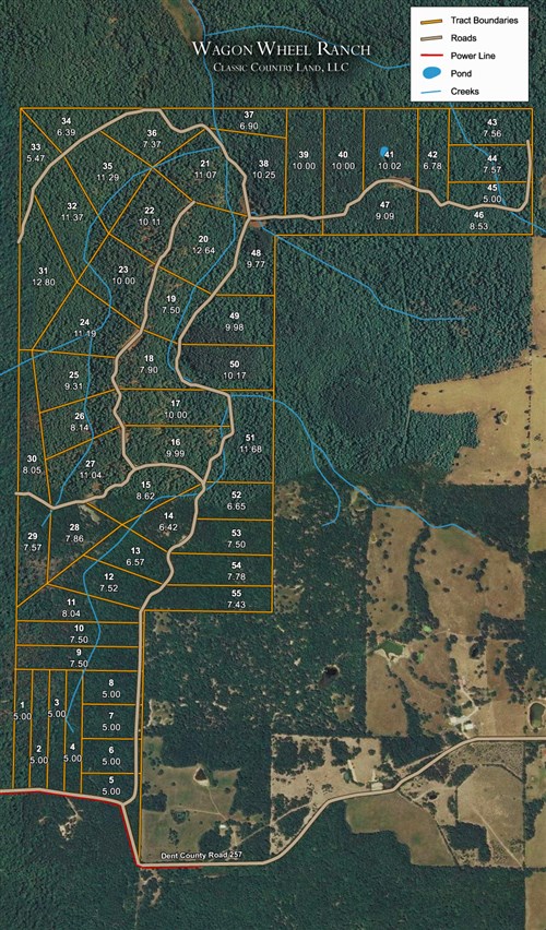 Tract layout map for Wagon Wheel Ranch Tract 37 in Dent County, Missouri