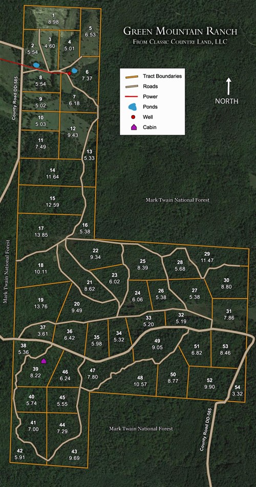 Tract layout map for Green Mountain Ranch Tract 15 in Shannon County, Missouri